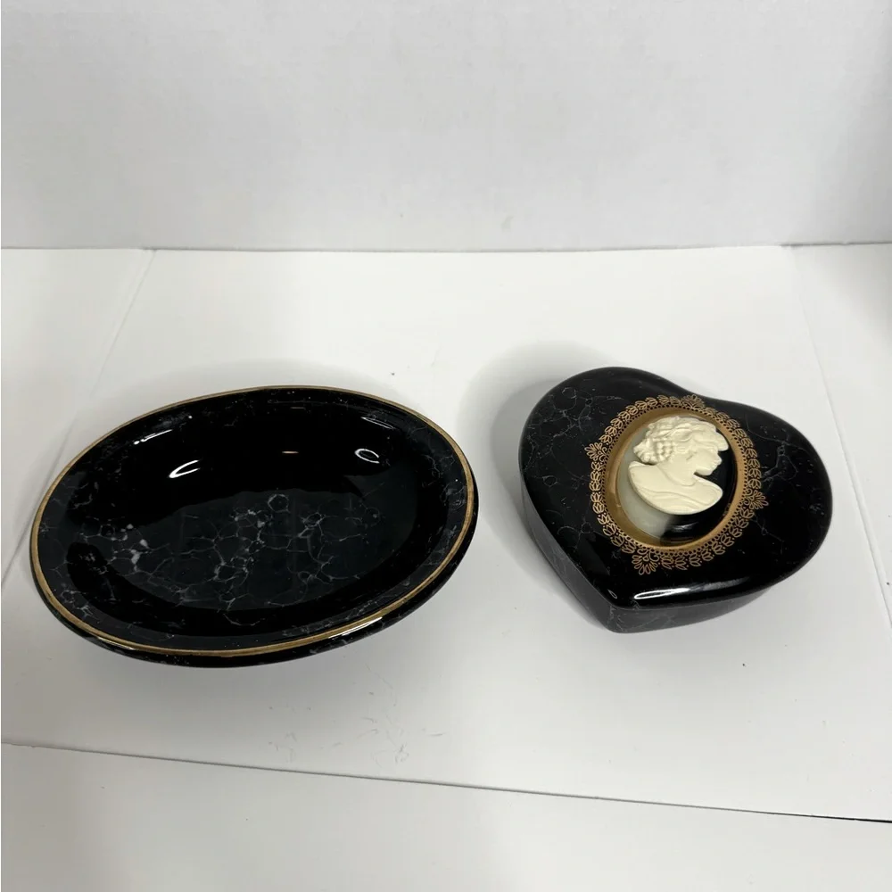 Ceramic Black Marbled Soap Dish and Heart-shaped Trinket Box w/Cameo (4-N) - Picture 1 of 5